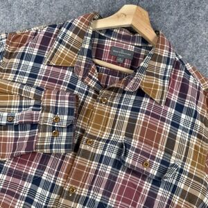 LL Bean Signature Shirt Mens Large Brown Navy Plaid Slim Fit Flannel Casual